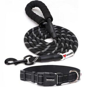 Reflective Dog Leash And Collar Combo Set|Dog Collar & Anti Slip Padded Handle Leash For Dogs|Highly Reflective|Dog Rope For Medium & Large Dogs|(Leash 6.5 Ft. + Collar Medium, Black, 18 Cm)