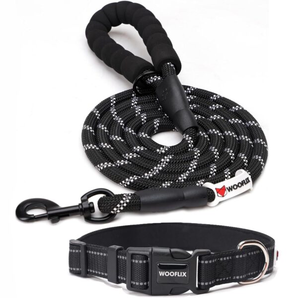 Reflective Dog Leash And Collar Combo Set|Dog Collar & Anti Slip Padded Handle Leash For Dogs|Highly Reflective|Dog Rope For Medium & Large Dogs|(Leash 6.5 Ft. + Collar Medium, Black, 18 Cm)